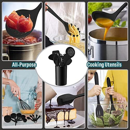 Silicone Kitchen Utensils Set, E-far 23 Pcs Black Cooking Utensils Tools with Holder for Nonstick Cookware, Include Spatula/Spoon/Ladle/Tongs/Turner, Heat Resistant & Nontoxic, Dishwasher Safe