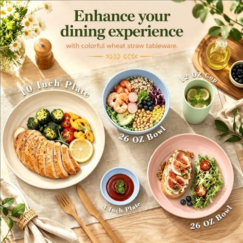 Wrova Wheat Straw Dinnerware Sets for 8, Kitchen Plates Bowls and Cups Set