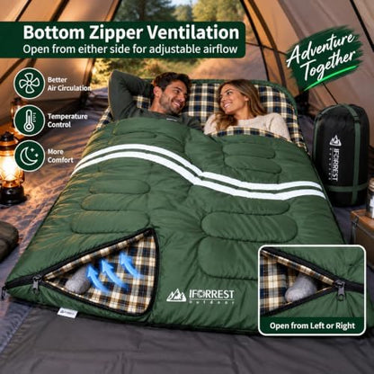 IFORREST Cotton Flannel Double Sleeping Bag for Adults - 10°F 2 Person Extra-Wide & Warm Cold Weather Camping Bed - Queen Size XXL