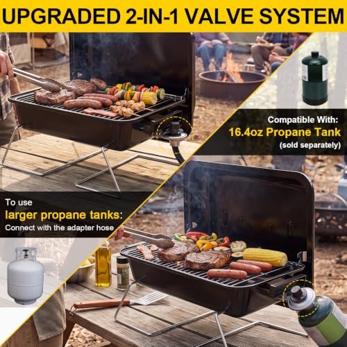 BESTFIRE Portable Propane Gas Grill - 2-in-1 Valve for 20lb Tank & 1lb Cylinder, 165 sq.in Cooking Area, Foldable Legs, Adjustable Regulator, Outdoor Camping BBQ Grill for Patio Backyard RV