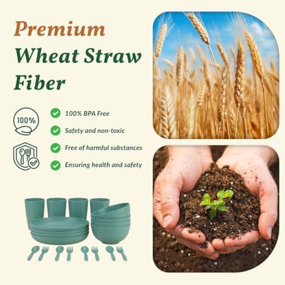 Wheat Straw Dinnerware Sets, Homienly 20pcs Unbreakable Microwave Dishwasher Safe Tableware Lightweight Bowls, Cups, Plates Set Reusable Dinner Plates Bowls set (Green)
