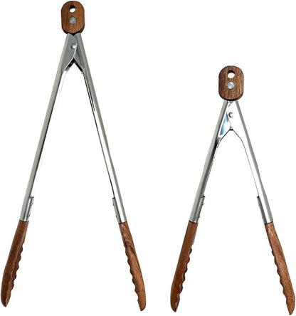 Lee's Clover Wooden Tongs for Cooking with Walnut Wood Tips & Stainless Steel Handle – Food & Kitchen Tongs for Serving, Salad, BBQ, Buffet, Grill (Small + Large)