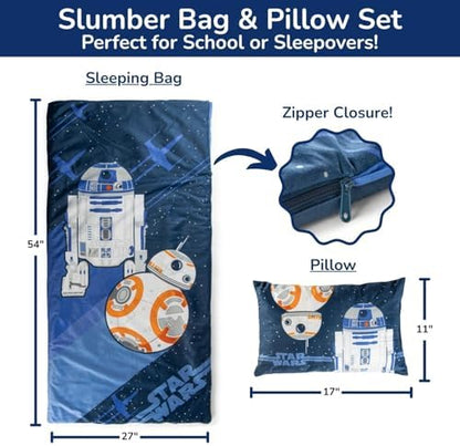 Jay Franco Kids Slumber Bag and Pillow - 54 x 27 Inch Comfy Indoor Sleeping Bag for School and Sleepovers, 2 Piece Set, Blue - Star Wars