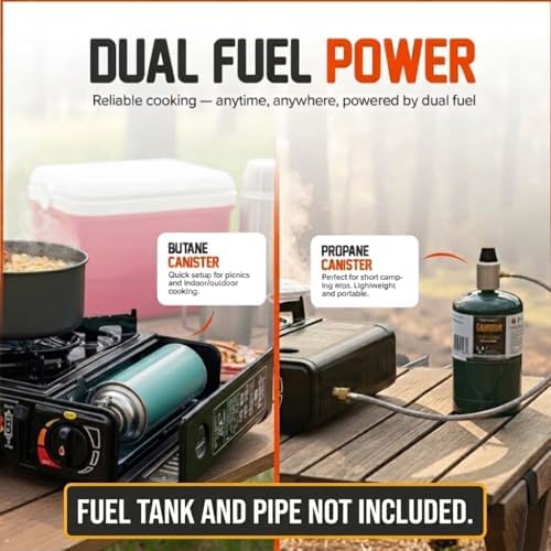 Portable Camping Stove 3000W Butane or Propane Fuel Compatable (Propane Adapter not Included), Automatic Ignition, Precise Heat Control, for Camping, Hiking, and Outdoor Cooking (Without Adapter Pipe)