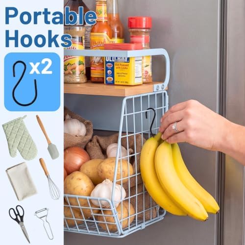 Magnetic Shelf for Fridge with Wood Lid, Fruit Potato and Onion Storage Bins, Pantry Organizers & Storage, Large Container Magnetic Spice Rack for Refrigerator, Kitchen Counter, Cabinet (Blue, 1)