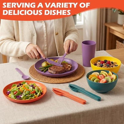 Remerry 6 Sets Camping Mess Kit with Plates Bowls Cups Spoon Fork and Knife Cutlery in 6 Colors Tableware Reusable Plastic Tableware Set for Travel Picnic Camping Necessity Home Party