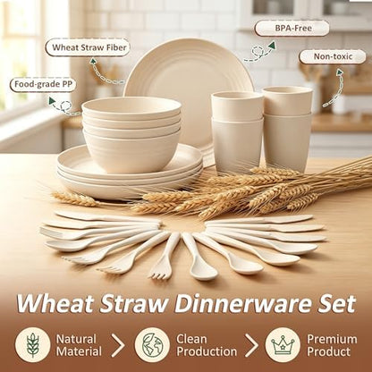 Kids Dinnerware Sets, Unbreakable Bowls and Plates Set for 4(Beige)