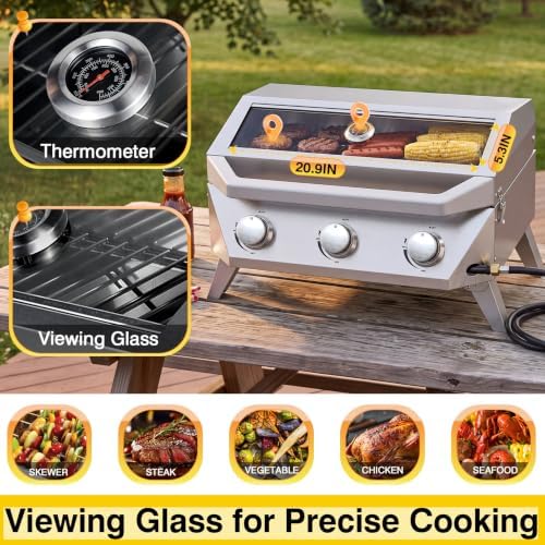 Bestfire 3-Burner Tabletop Propane Gas Grill, 30,000 BTU Portable Propane BBQ Grill with Viewing Glass Lid & Thermometer, Stainless Steel Outdoor Cooking Grill for Camping, RV, Patio and Tailgating