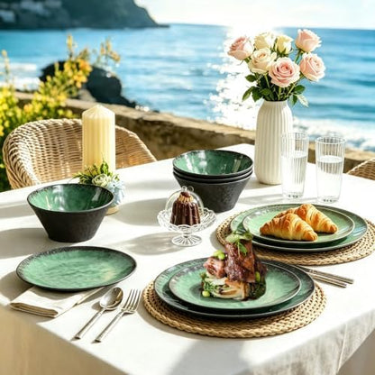 Melamine Dinnerware Sets for 4, 12 Pcs Plates and Bowls set, Green
