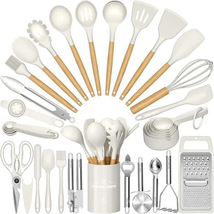 Umite Chef Silicone Kitchen Utensil Set, 34PCS Heat Resistant Kitchen Gadgets and Tools With Grater, Cream White Wood Handles for Nonstick Cookware