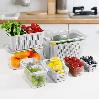 LUXEAR 4 Pack Fruit Vegetable Containers for Fridge, Produce Saver Container with Lids &Removable Colander BPA-free Refrigerator Storage Organizer for Fruit Vegetable, Berry, Meat keep Fresh Longer