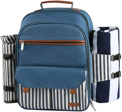 Sunflora Picnic Backpack for 4 Person Set Pack with Insulated Waterproof Pouch for Family Outdoor Camping(Blue & Stripe)