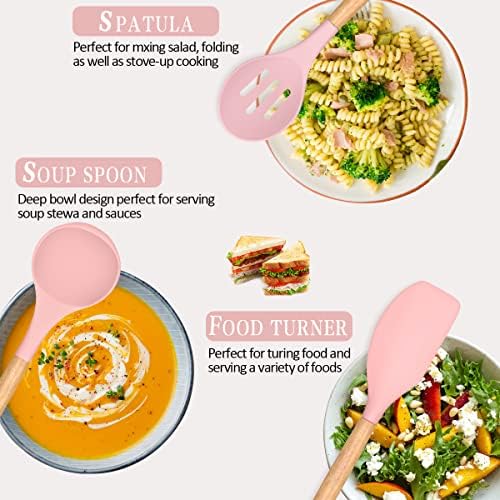 Umite Chef Silicone Kitchen Utensils Set, 33 Piece Non-Stick Kitchen Utensils with Stand, Wooden Handle, Pink