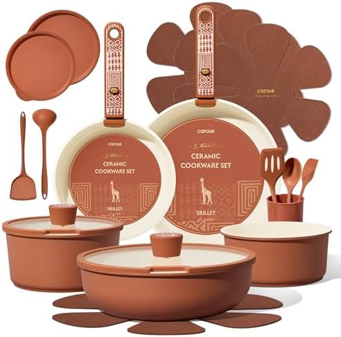 CAROTE 21pcs Ceramic Cookware Set, Pots and Pans Set with Detachable Handle
