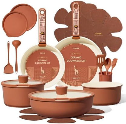 CAROTE 21pcs Ceramic Cookware Set, Pots and Pans Set with Detachable Handle