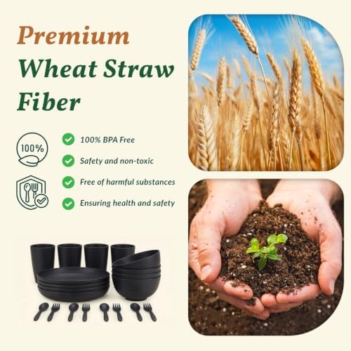 Homienly Wheat Straw Dinnerware Sets, Homienly 20pcs Unbreakable Microwave Dishwasher Safe Tableware Lightweight Bowls, Cups, Plates Set Reusable Dinner Plates Bowls set (Matte Black)