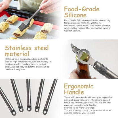 Kitchen Utensil Set-Silicone Cooking Utensils-33 Kitchen Gadgets & Spoons for Nonstick Cookware-Silicone and Stainless Steel Spatula Set-Best Kitchen Tools, Useful Pots (Grey)