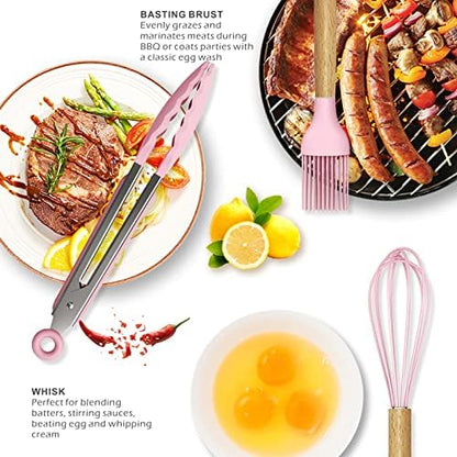 oannao Silicone Kitchen Utensils Set - 446°F Heat Resistant Cooking Utensil Sets, Spatula,Turner,Tongs,Spoon,Whisk, Wooden Handle Silicone Kitchen Gadgets Tools for Non-Stick Cookware BPA Free (Pink)