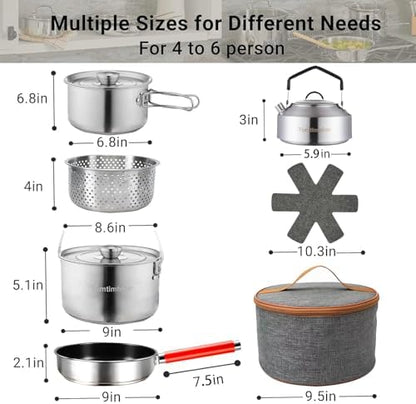 Camping Cookware Set 304 Stainless Steel Cooking Pots Pan Set with Travel Tote Bag for Camping Outdoor Kitchen Cooking Picnic for 4-6