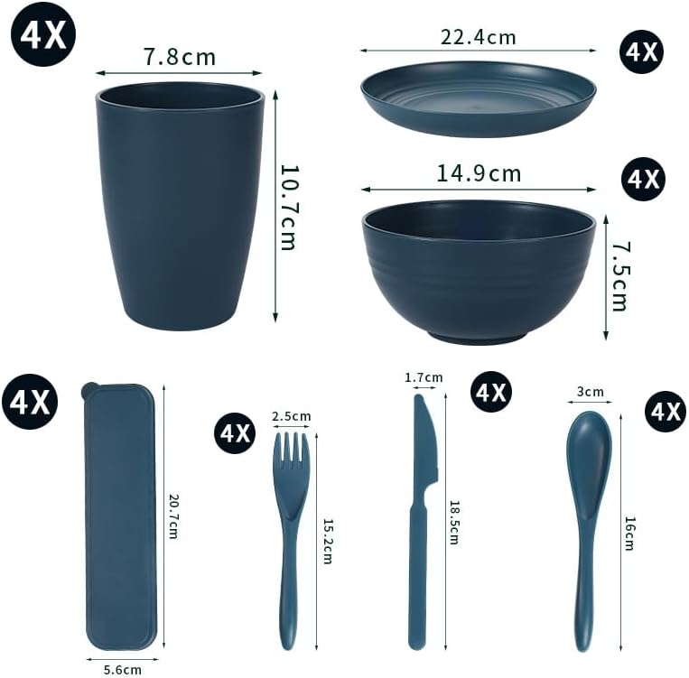 28pcs Dinnerware Reusable Sets for 4 - Perfect for Picnic, Dorm,Camping Plates Cups and Bowls Set -Dark Grey