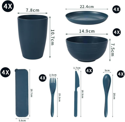 28pcs Dinnerware Reusable Sets for 4 - Perfect for Picnic, Dorm,Camping Plates Cups and Bowls Set -Dark Grey