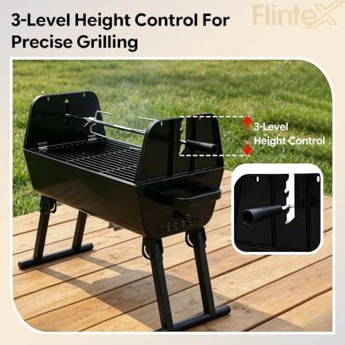 Flintex Portable Charcoal Grill, Dual Zone Rotisserie & Grill, Grill & Bag