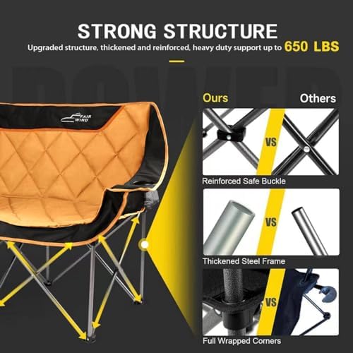 FAIR WIND Oversized Fully Padded Camping Chair Folding Loveseat Camping Couch Double Duo Chair Heavy Duty Quad Fold Arm Chair with Cup Hold - Supports 650 LBS Orange