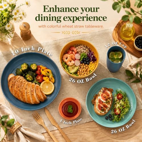 Wrova Plates and Bowls Sets, Wheat Straw Dinnerware Sets,Dishes Set for 8