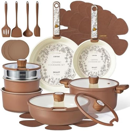 CAROTE 25pcs Ceramic Cookware Sets, Nonstick Pots and Pans Set Non Toxic