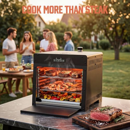 BIG HORN 1500°F Infrared Steak Grill - Portable Propane Gas Grill & Salamander Broiler for Steakhouse-Quality Searing, 16-Inch, Black