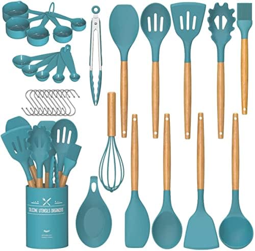 Umite Chef Kitchen Cooking Utensils Set, 33 pcs Non-stick Silicone Utensils Spatula Set with Holder, Silicone Kitchen Gadgets Utensil Set(Dark Blue)