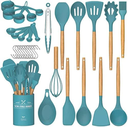 Umite Chef Kitchen Cooking Utensils Set, 33 pcs Non-stick Silicone Utensils Spatula Set with Holder, Silicone Kitchen Gadgets Utensil Set(Dark Blue)