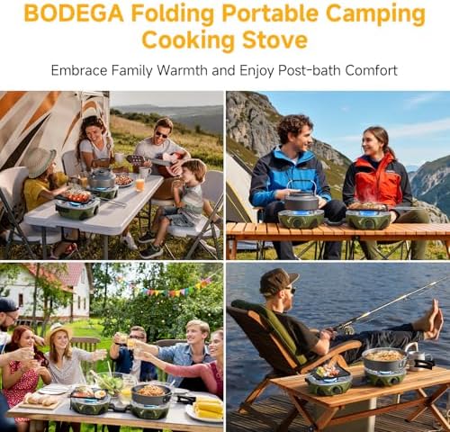 BODEGA 2 Burner Camping Stove,20000 BTU Foldable Propane Camp Stove with Pressure Adjustable Burners,Wind-Resistant Dual Gas Stoves with Portable Handle&Bag&GrillPan for Camping,BBQ,RV,Tailgating