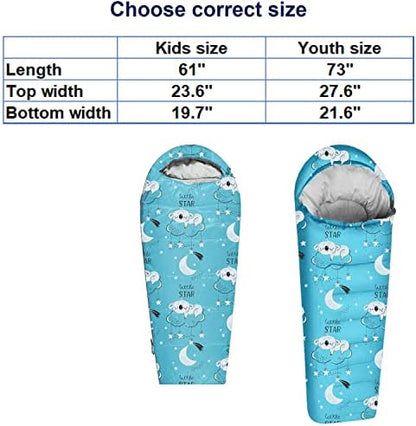 KidzAdventure Mummy Style 32 – 59F Kids Sleeping Bag with Pillow Sleeve, 4 Season, Lightweight and Backpacking Style, Ideal for Camping, Sleepover, Boys, Girls, and Youth