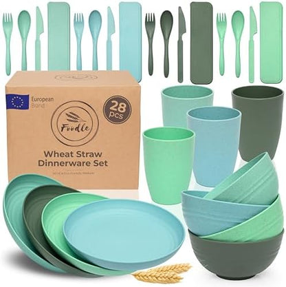 FOODLE Wheat Straw Dinnerware Set - RV, Camping, Picnic Plates Cups & Bowls