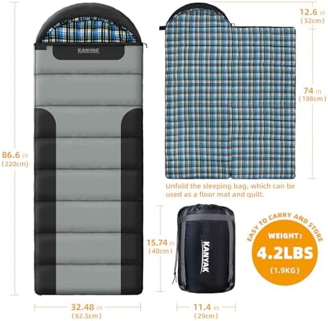 Cotton Flannel Lined Sleeping Bag for Adults Teens Kids, Cold Weather &Warm, 3 Seasons, Lightweight Compact Camping Essentials Equipment, Hiking, Outdoor, Travel