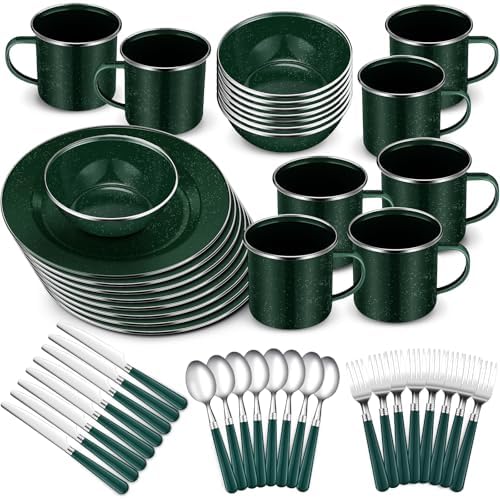 Nuogo 48 Pcs Camping Dinnerware Enamel Mugs Plates Bowls Utensils, Green