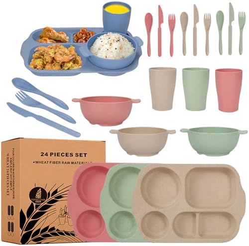 24 Pcs Wheat Straw Dinnerware Cutlery Sets,Unbreakable Divided Plates Bowls Cups Spoon Knife Fork for 4 People,Microwave Dishwasher Safe Tableware Cutlery for Party and Daily Use,Mix Color 3