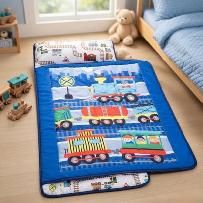 EVERYDAY KIDS Toddler Nap Mat with Removable Pillow -Choo Choo Train- Carry Handle with Fastening Straps Closure, Rollup Design, Soft Microfiber for Preschool, Daycare, Sleeping Bag - Ages 2-6 Years