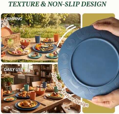 40-Piece Unbreakable Plastic Wheat Straw Dinnerware Set - Multi Color, 8-Person Dish Set for Dinner, Plates, Bowls, Cups & Appetizer Plates - Perfect for Outdoor Camping