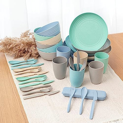 FOODLE Wheat Straw Dinnerware Set - RV, Camping Plates Cups and Bowls Set