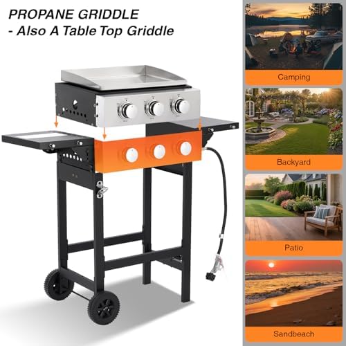 Gas Grill Griddle Combo with 3 Burners - Propane Grill on Cart - Stainless Steel 30,000 BTU -Camping Grill with 2 Foldable Tables, Cover - Outdoor Cooking Station for BBQ Backyard