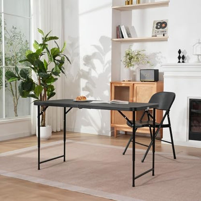 4ft Folding Table with Adjustable Height, 2-Level Foldable Table with HDPE Top & Steel Legs, Portable 4 Foot Folding Table for Picnic, Party, Craft, Indoor Outdoor Use, Black
