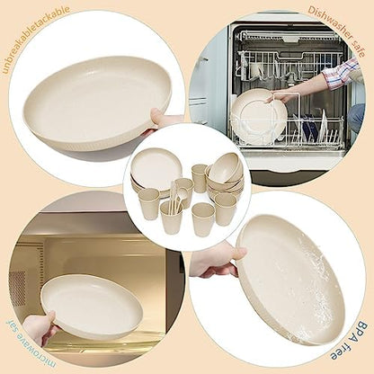 Wheat Straw Dinnerware Sets -DAPIPIK 42 Piece Unbreakable Dinnerware Sets for 6, Kitchen Plates and Bowls Set, Lightweight Camping Plates Cups and Bowls Set.Dishwasher Microwave Safe Dinnerware