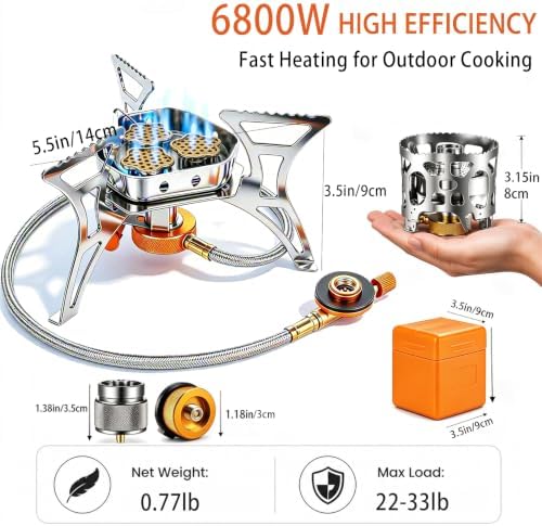 6800W Camping Backpacking Stove with Piezo Ignition, Fuel Canister Adapters