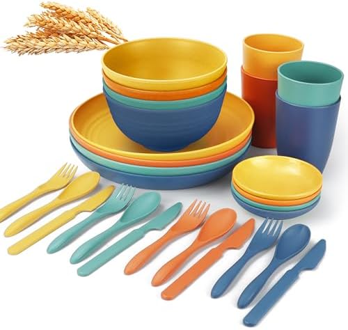 Wrova Wheat straw plates and bowls sets with cutlery - Unbreakable wheat straw dinnerware sets of 28 - Microwave safe plates,bowls,cups for camping,kitchen,new apartment.Colorful