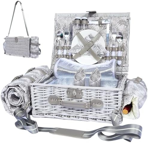 Picnic Basket for 2 with Blanket and Wine Pouch for Couples
