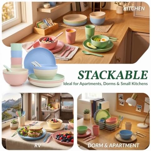 Homienly Wheat Straw Dinnerware Sets 20 PCS Plates and Bowls Sets Microwave and Dishwasher Safe Dish Set Unbreakable Camping Dish Set Cups and Plates Sets for Kitchen, Picnic, RV (Multilight)