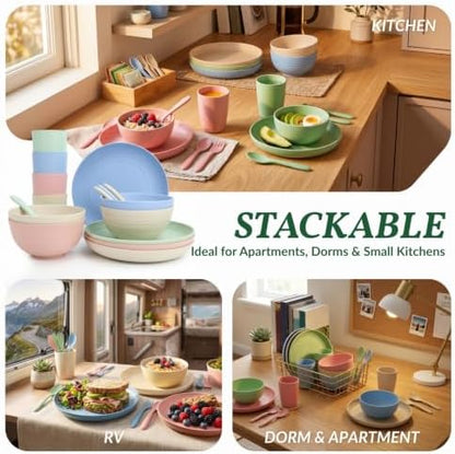 Homienly Wheat Straw Dinnerware Sets 20 PCS Plates and Bowls Sets Microwave and Dishwasher Safe Dish Set Unbreakable Camping Dish Set Cups and Plates Sets for Kitchen, Picnic, RV (Multilight)