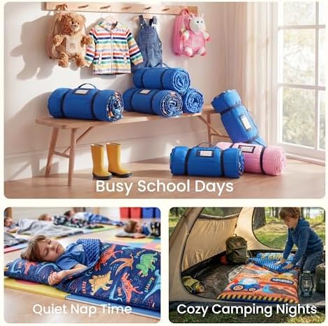 JOIEDOMI Toddler Nap Mat with Removable Pillow and Minky Blanket 55''x30'' Kids Sleeping Bag for Boys and Girls Ages 3-6 Roll Up Soft Nap Mats for Preschool Kindergarten Daycare Sleepover